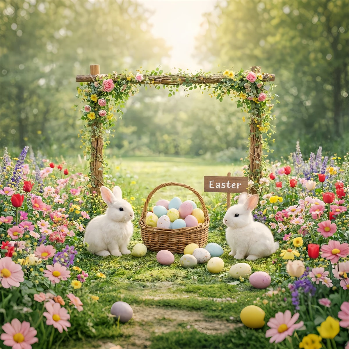 Toile de fond Pâques Arche Jardin Floral Lapin Œufs LXX61-118