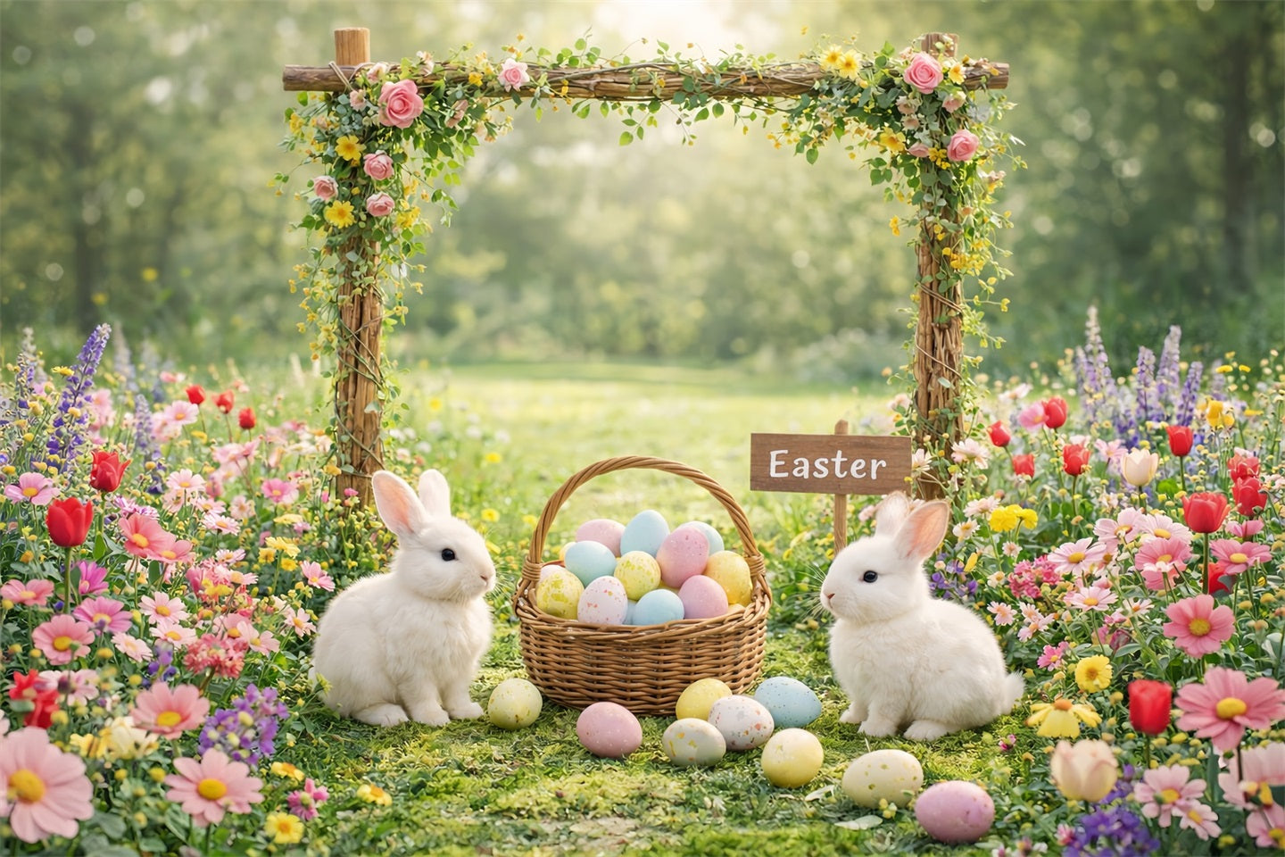 Toile de fond Pâques Arche Jardin Floral Lapin Œufs LXX61-118