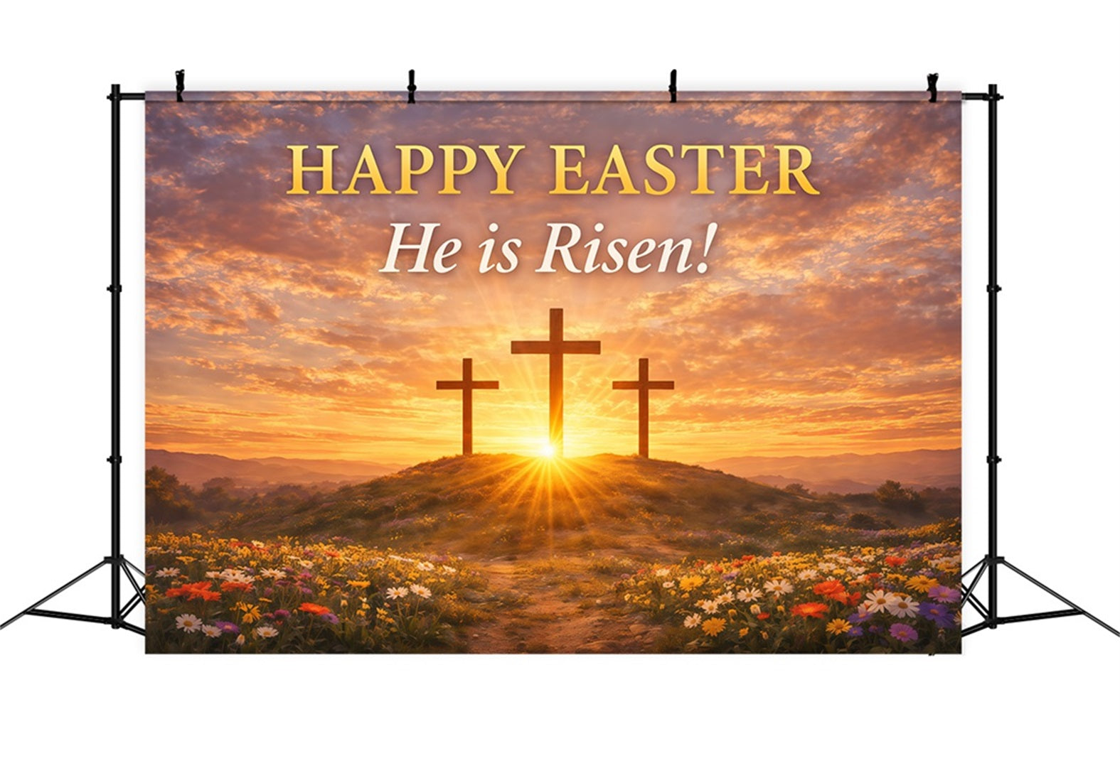 Toile de fond Pâques Croix Lever Du Soleil Champ Fleurs LXX61-126