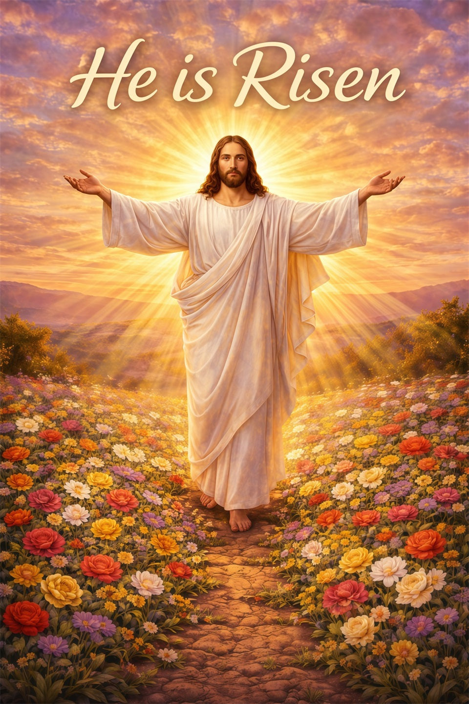 Toile de fond de Pâques Christ Lumière Sainte Fleurs LXX61-143