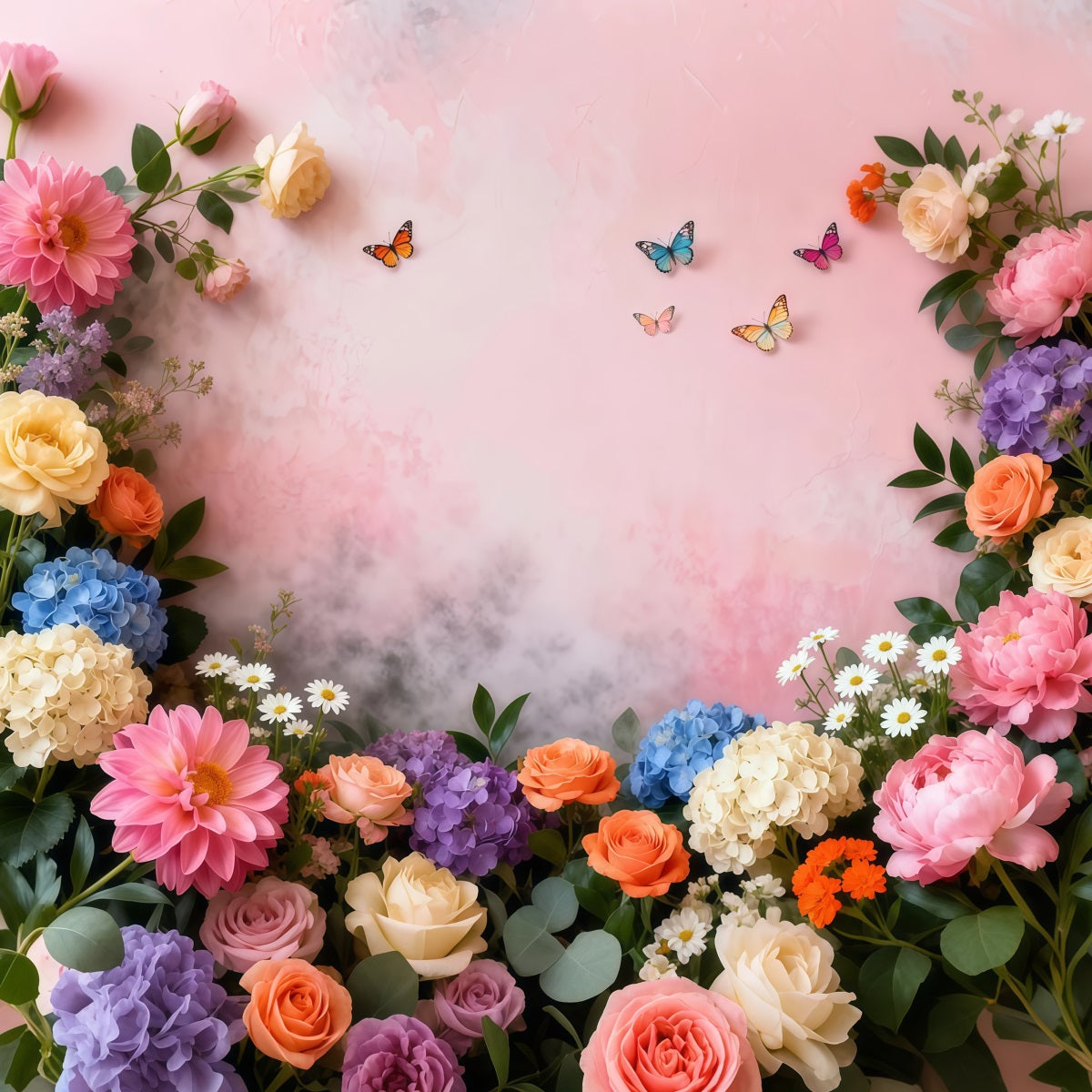 Fond Studio Photo Printemps Cadre Papillons Fleurs Pastel LXX61-151