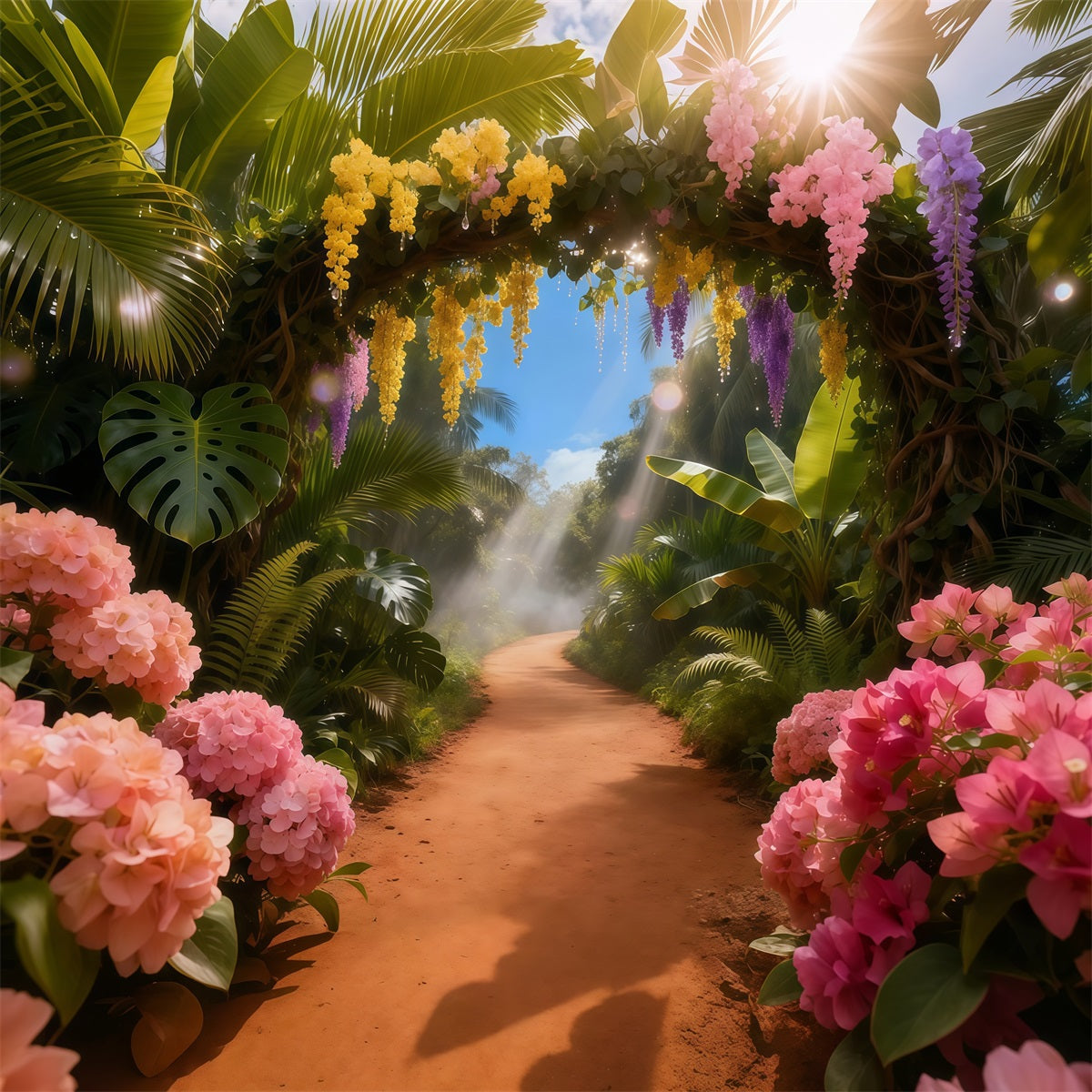 Toile de fond Photo Printemps Allée Florale Tropicale Baignée De Soleil LXX61-152