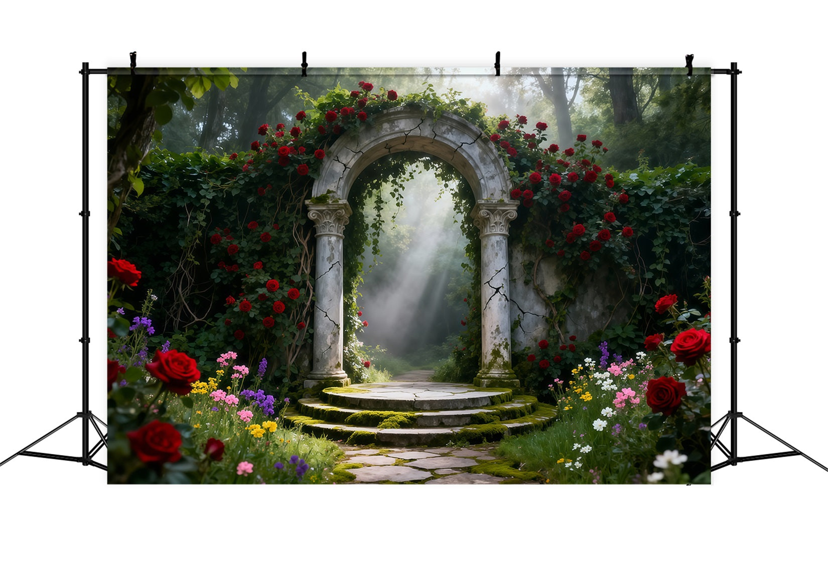 Fond Studio Photo Printemps Arche Pierre Jardin Roses Lumière LXX61-155