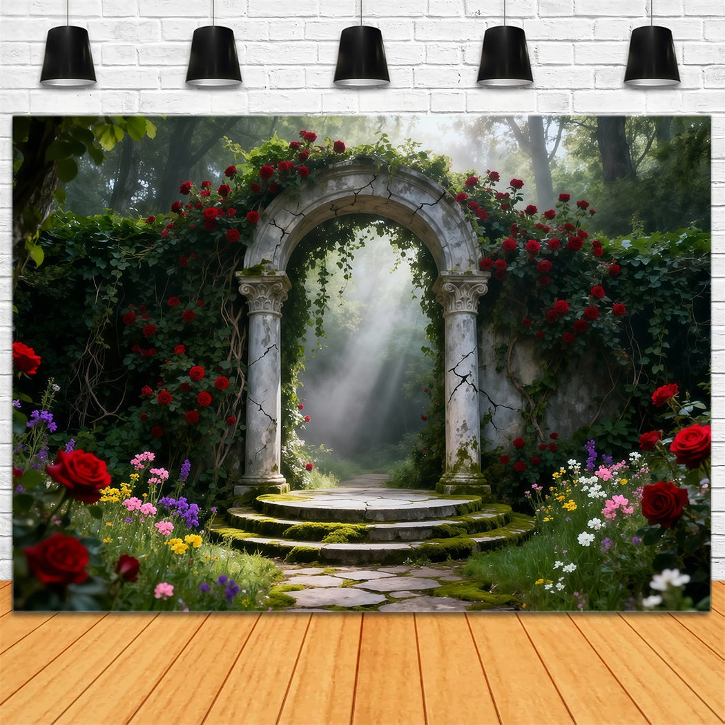 Fond Studio Photo Printemps Arche Pierre Jardin Roses Lumière LXX61-155