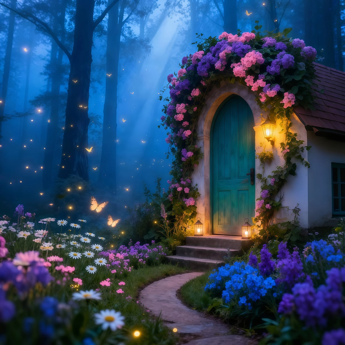 Fond Studio Photo Printemps Cottage Enchanté Lueur Lanternes LXX61-159