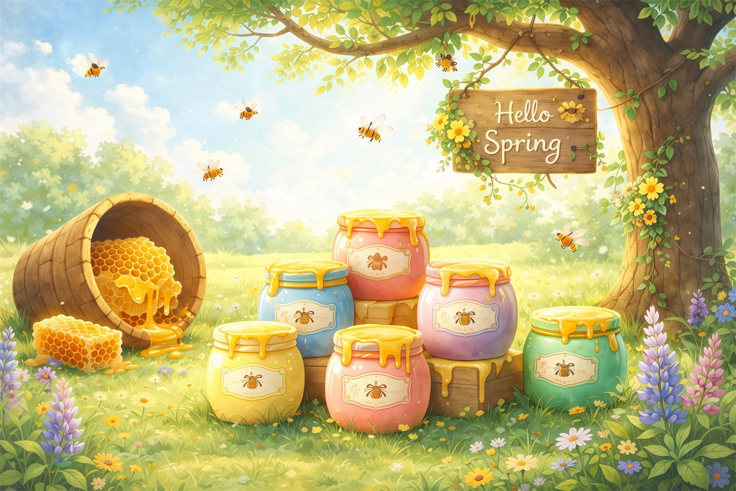 Fond Photo Printemps Illustration Jardin Pot Miel LXX61-165