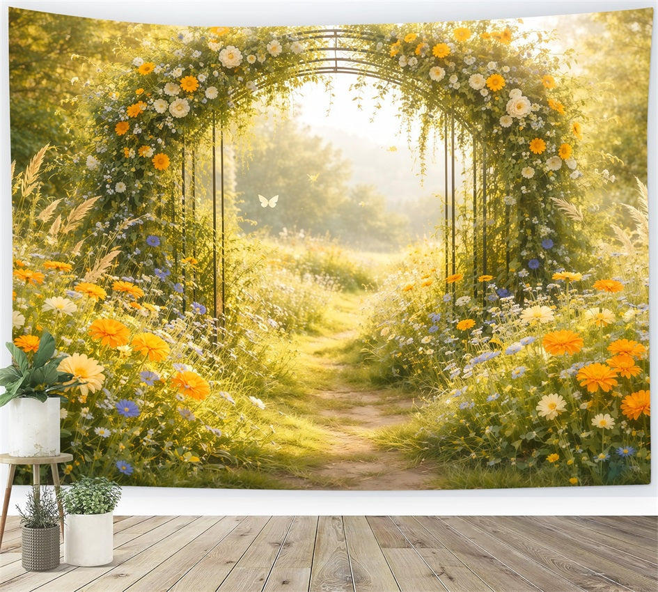 Fond Studio Photo Printemps Arche Jardin Fleurs Sauvages Baignée De Soleil LXX61-167