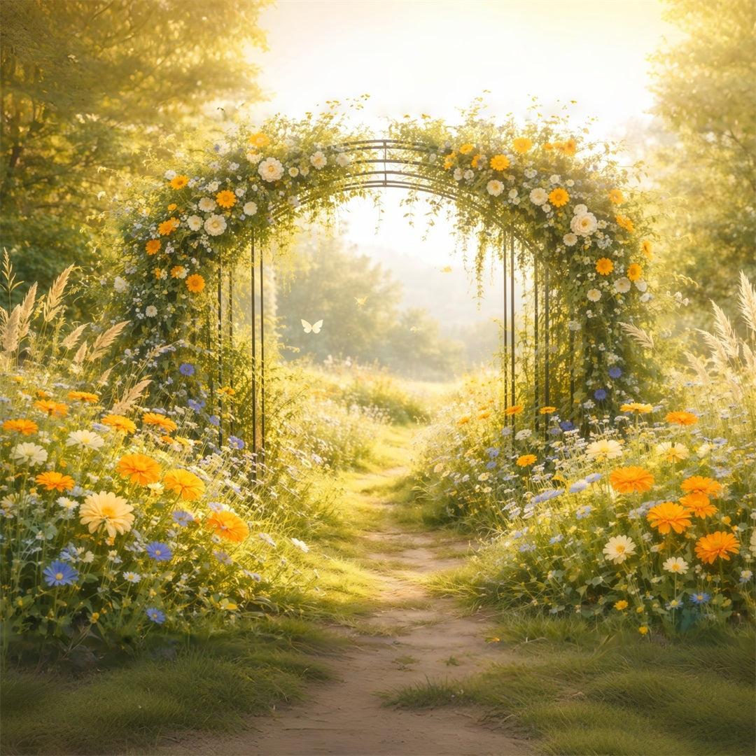 Fond Studio Photo Printemps Arche Jardin Fleurs Sauvages Baignée De Soleil LXX61-167