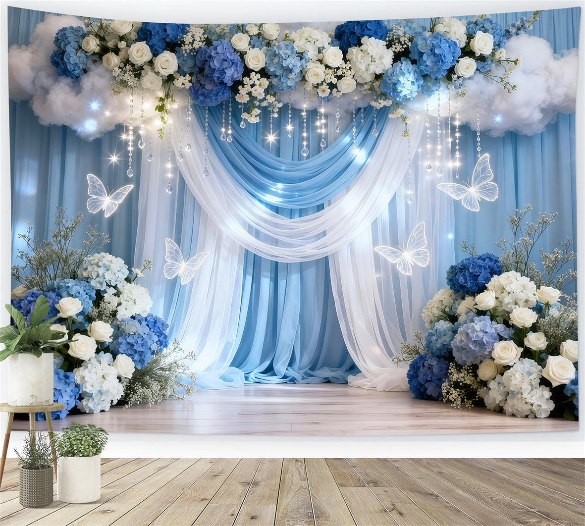 Fond Photo Printemps Rideau Bleu Blanc Nuages Fleurs LXX61-169
