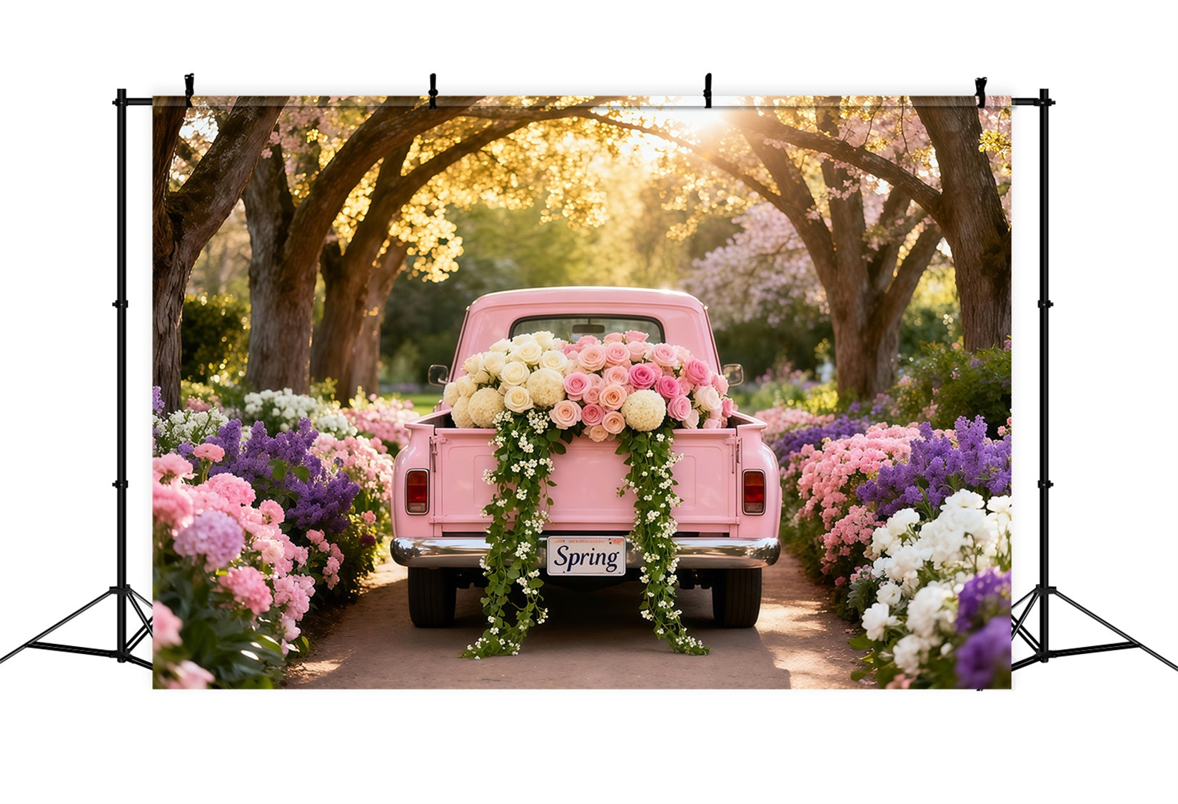 Toile de fond Printemps Tunnel Fleurs Camion Vintage Rose LXX61-170
