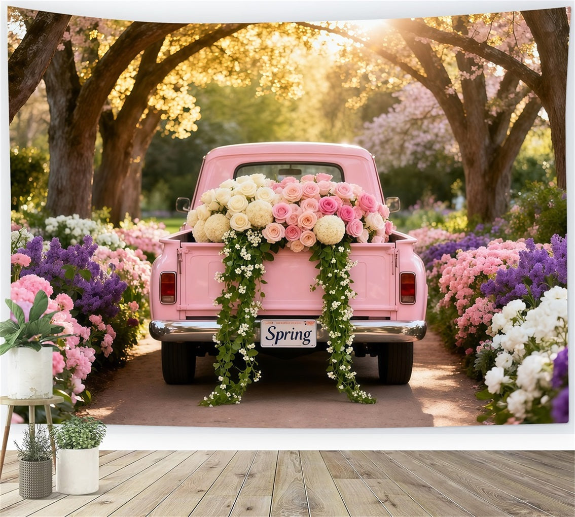 Toile de fond Printemps Tunnel Fleurs Camion Vintage Rose LXX61-170