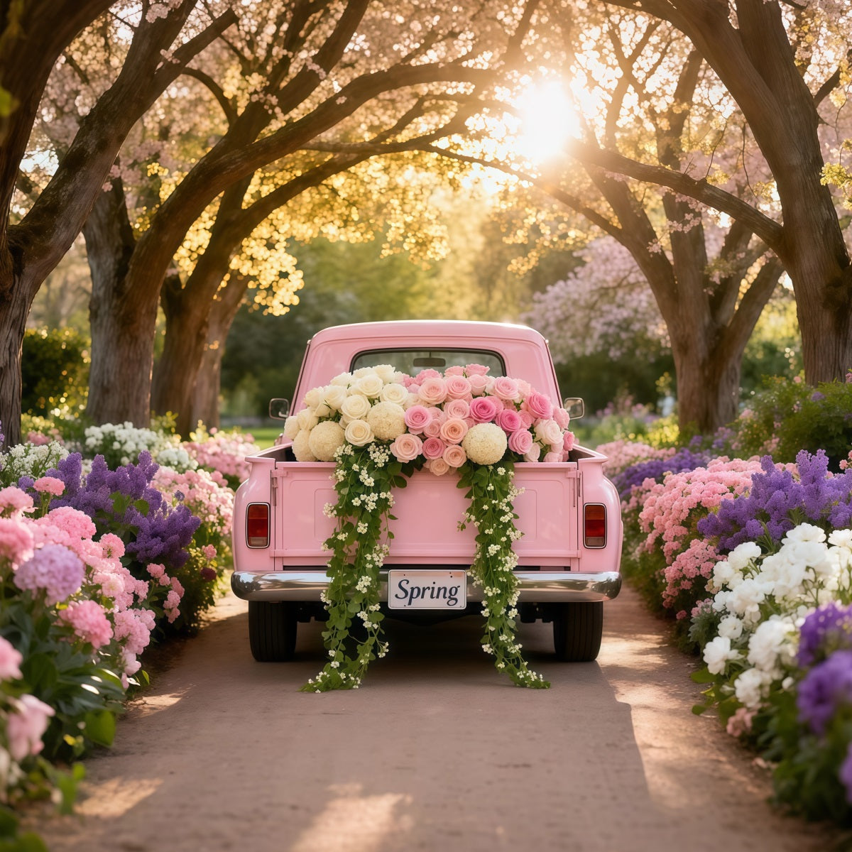 Toile de fond Printemps Tunnel Fleurs Camion Vintage Rose LXX61-170