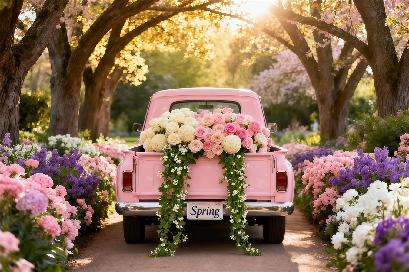 Toile de fond Printemps Tunnel Fleurs Camion Vintage Rose LXX61-170