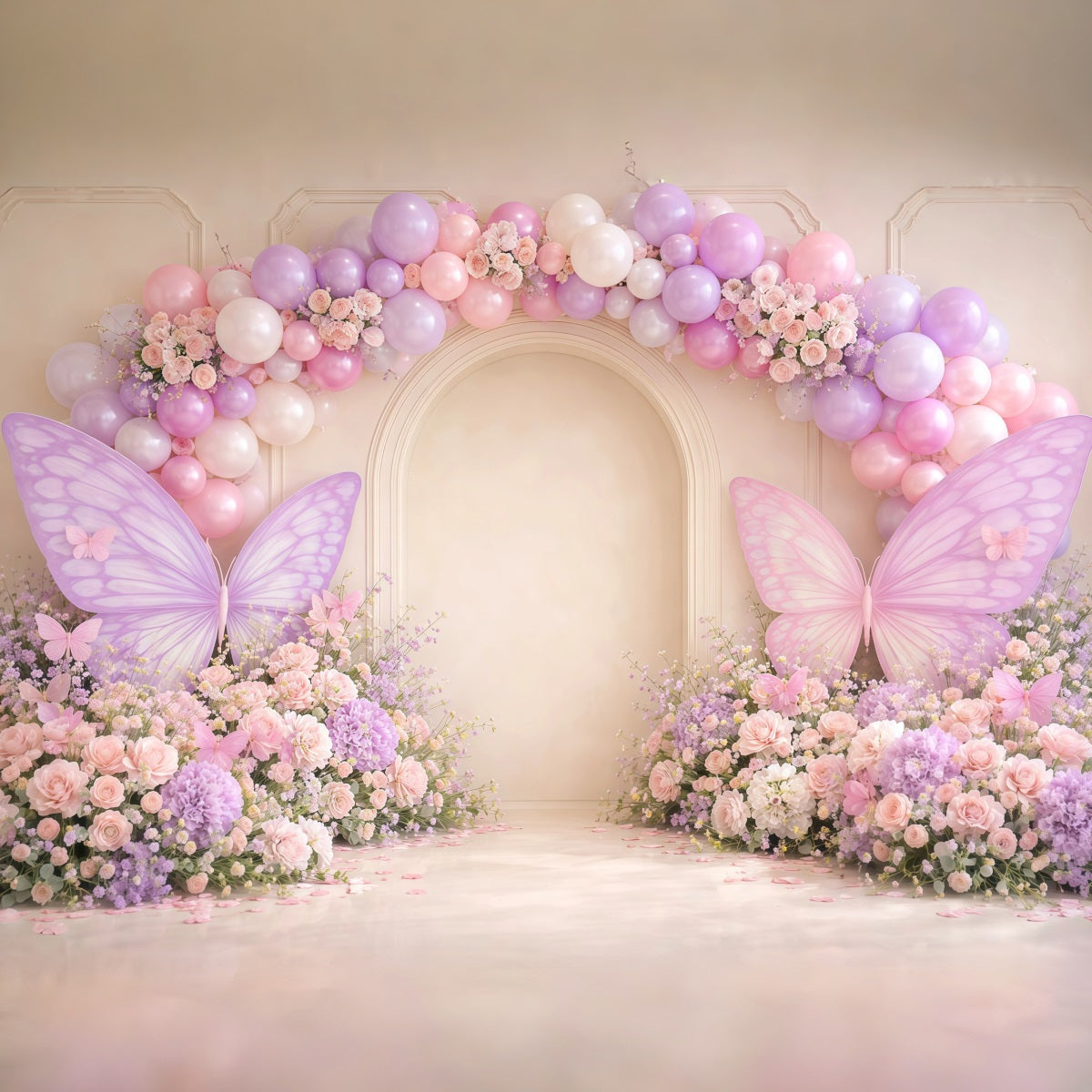 Fond Studio Photo Printemps Mur Arche Ballons Pastel Fleurs LXX61-171