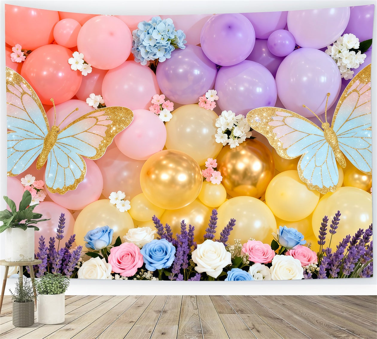 Toile de fond Photo Printemps Mur Ballons Macaron Floral LXX61-172