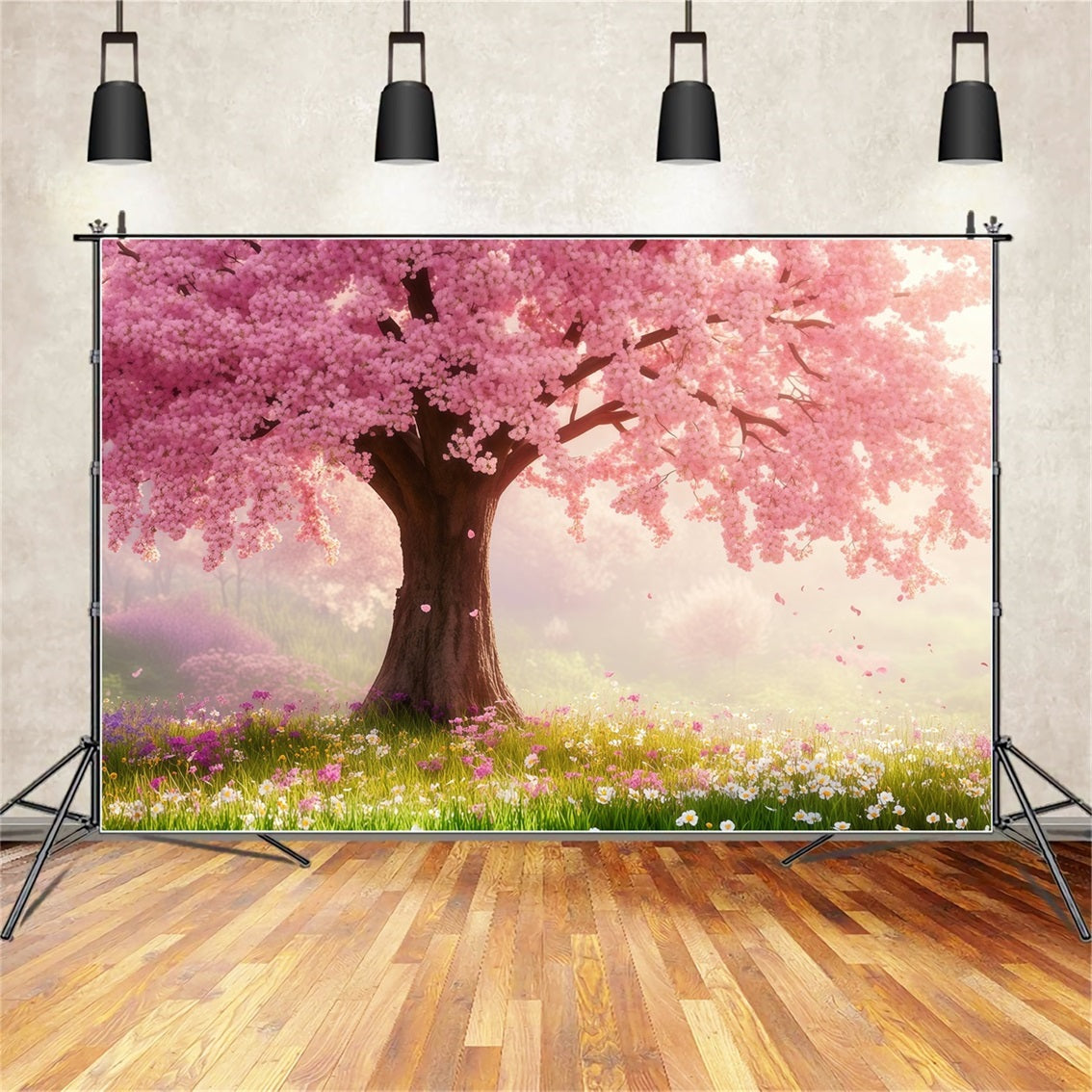 Fond Studio Photo Floral Arbre Prairie Fleurs Roses LXX61-175