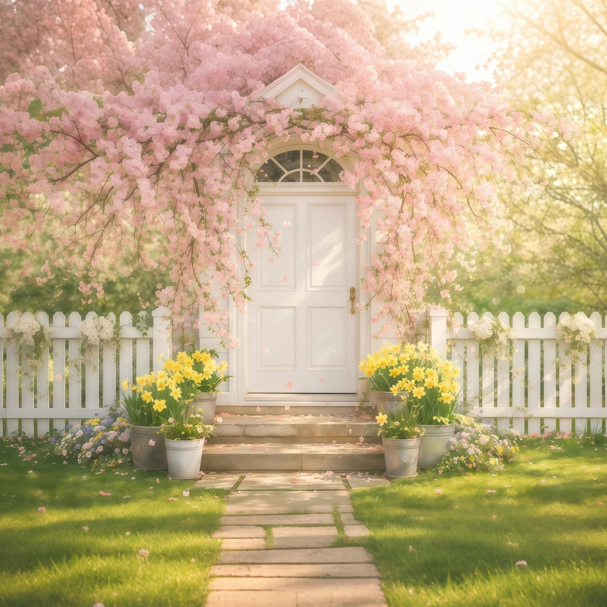 Fond Photo Floral Arche Cerisier Porte Jardin Blanche LXX61-177