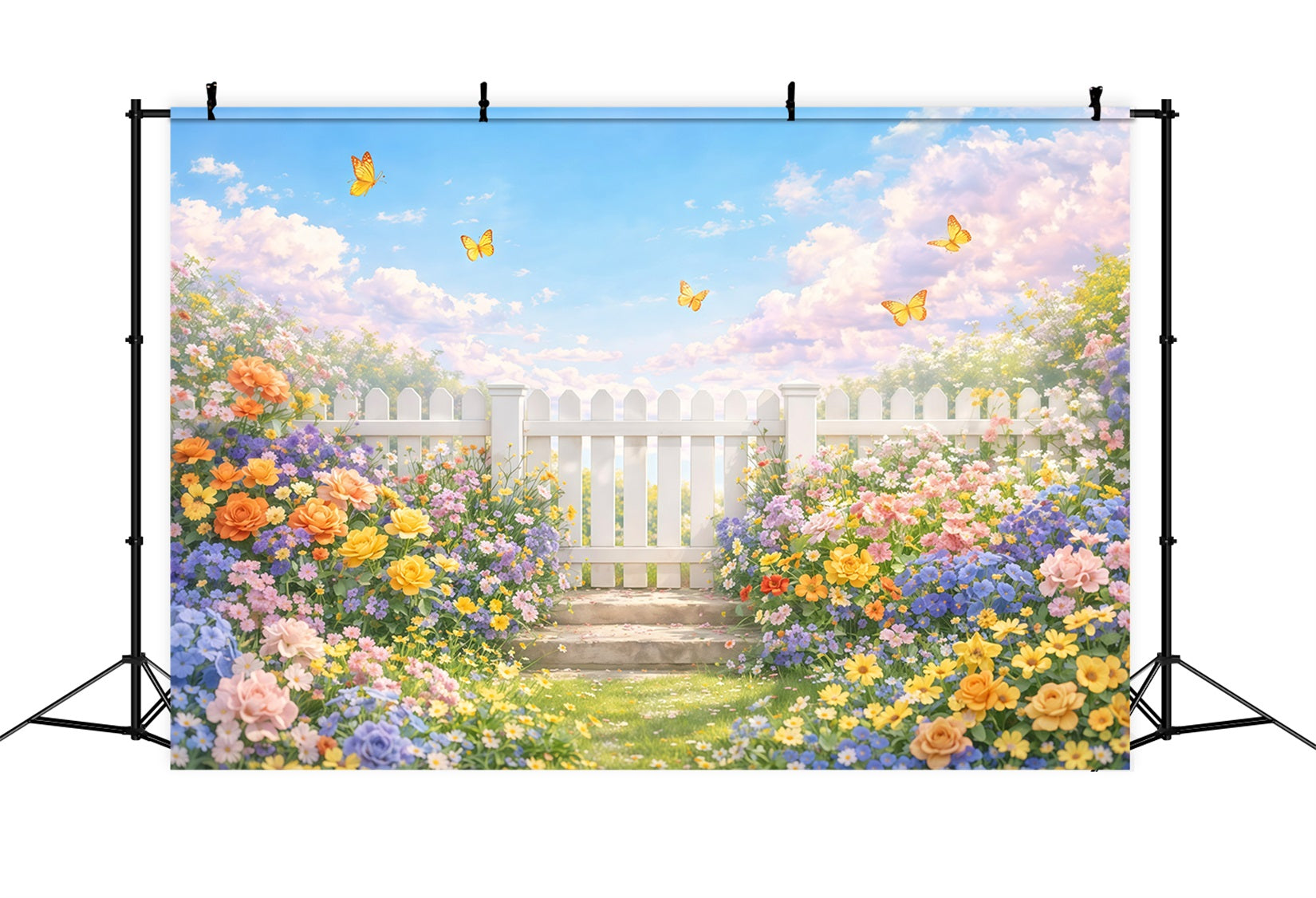 Fond Studio Photo Floral Clôture Blanche Jardin Papillons LXX61-179
