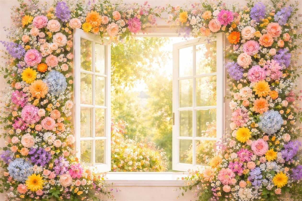 Fond Studio Photo Floral Fenêtre Jardin Baignée De Soleil Lueur LXX61-183