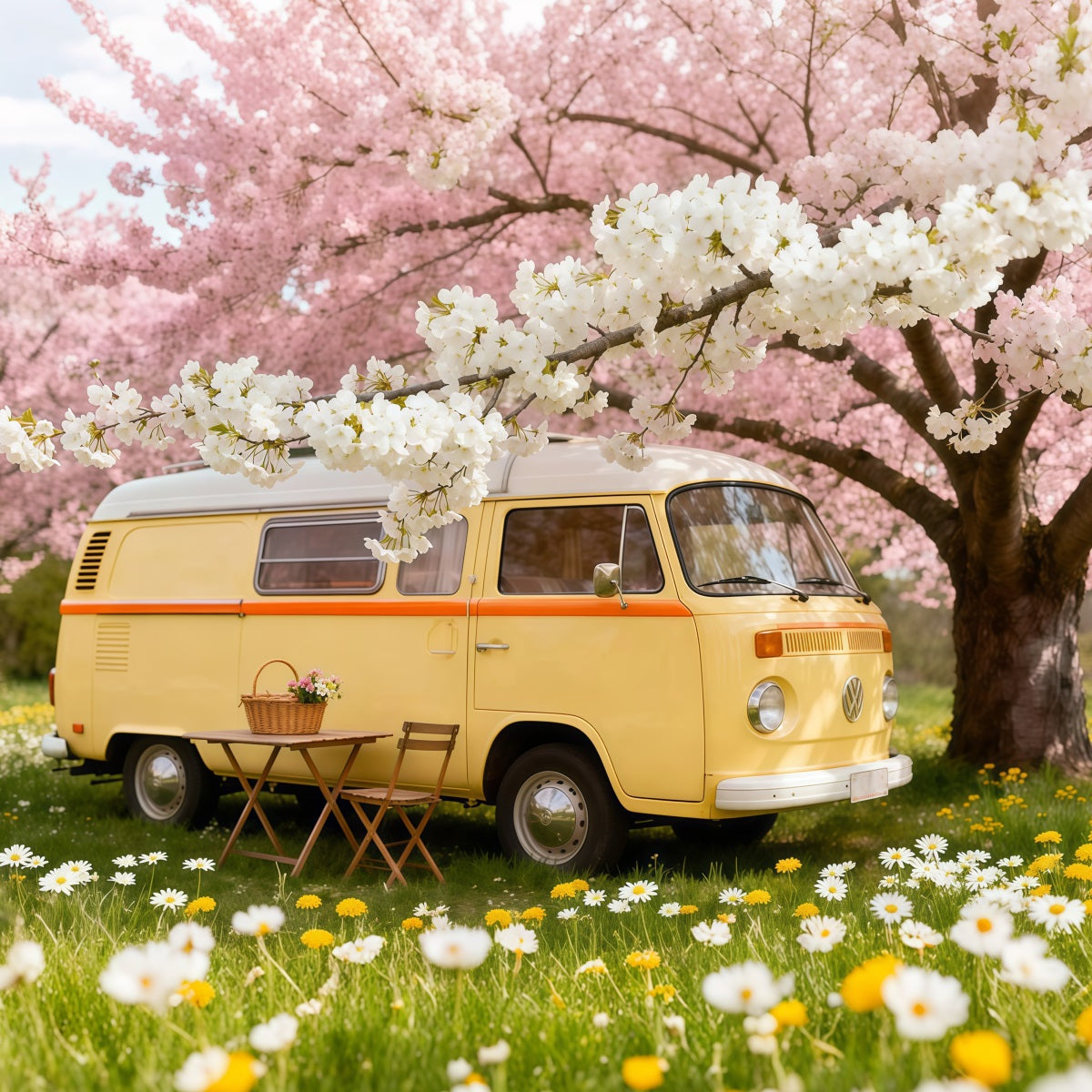 Toile de fond Photo Fleur Pique-Nique Camping-Car Fleurs Cerisier LXX61-184