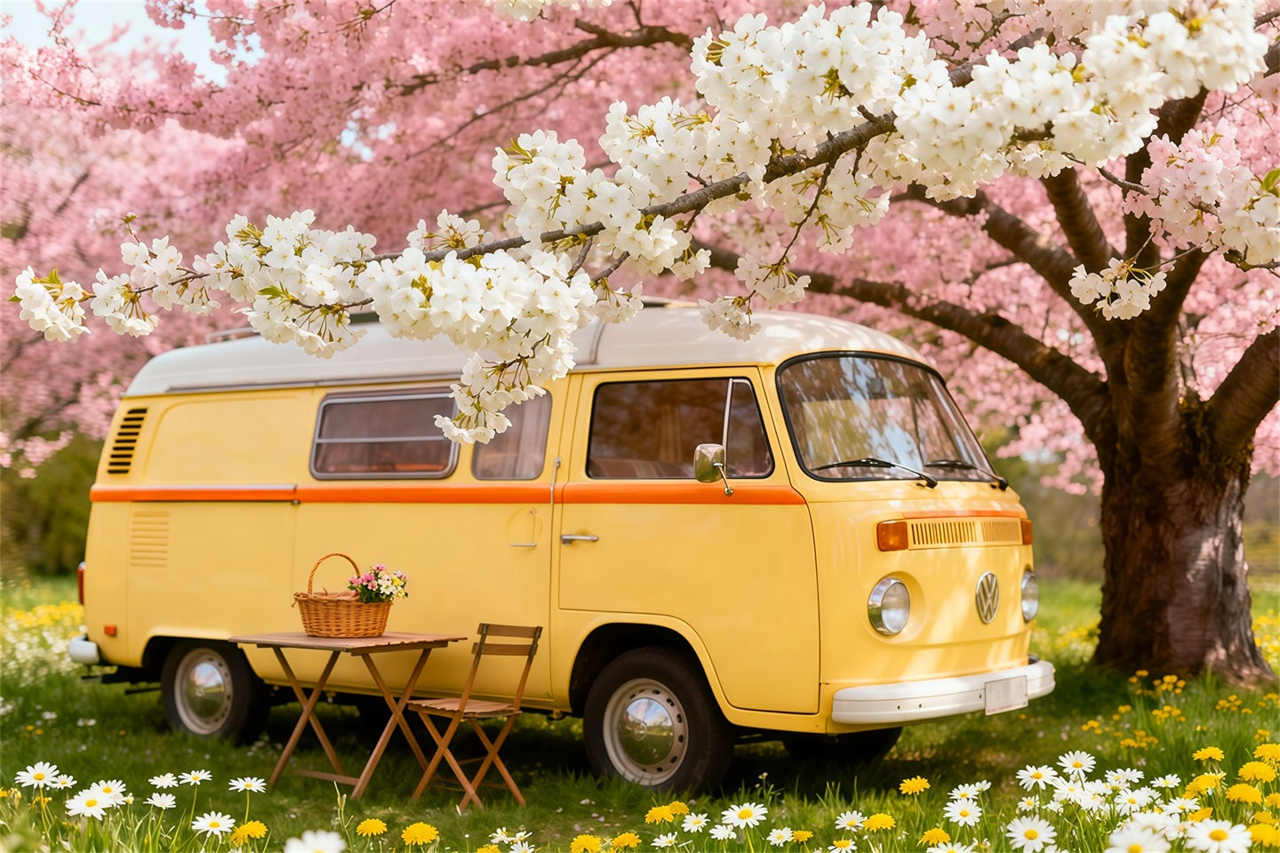 Toile de fond Photo Fleur Pique-Nique Camping-Car Fleurs Cerisier LXX61-184