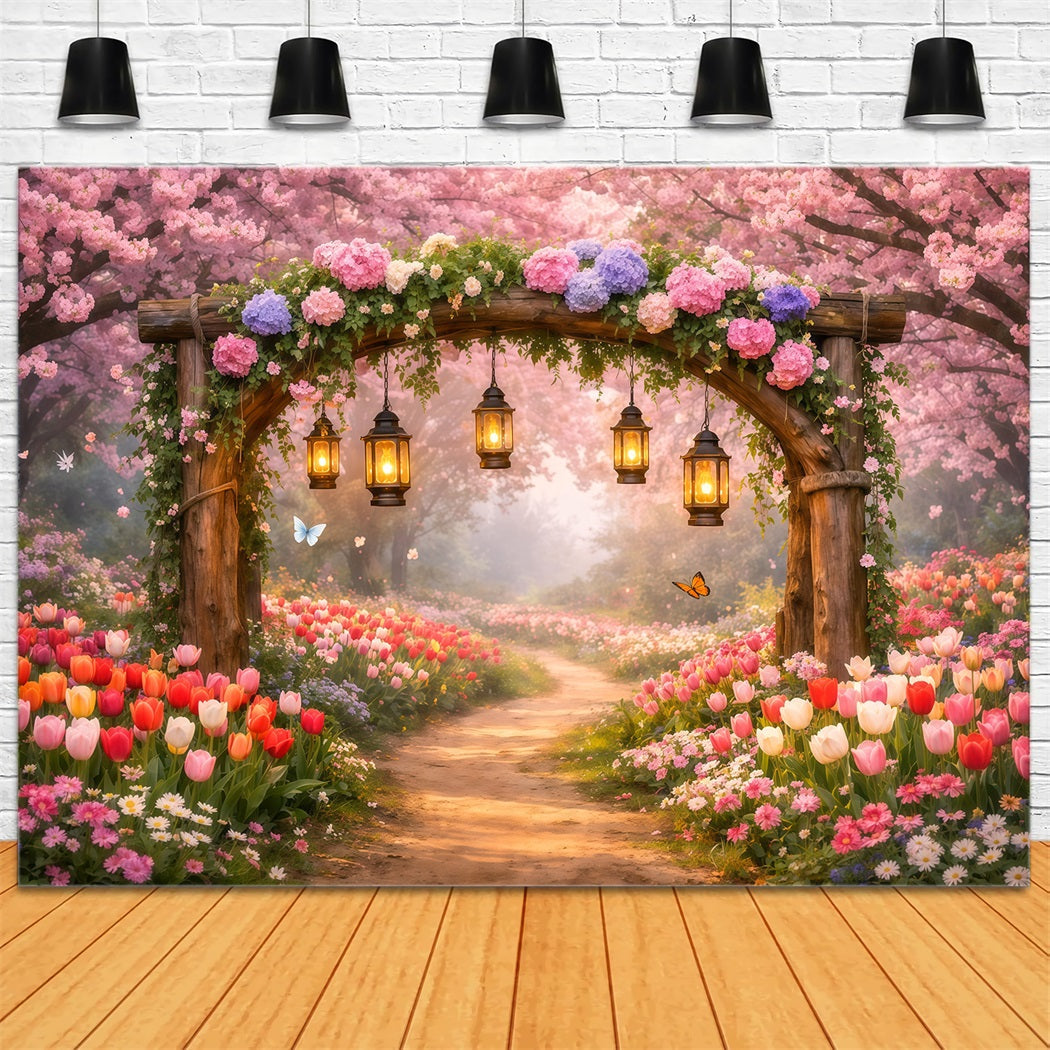 Toile de fond Fleur Allée Jardin Lanternes Fleurs Roses LXX61-202