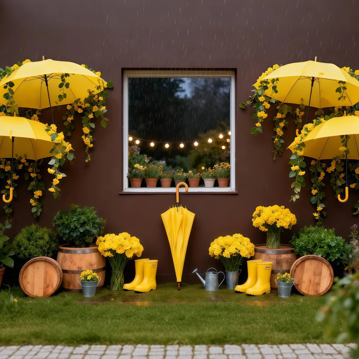 Toile de fond Photo Fleur Jardin Pluie Parapluie Jaune LXX61-204