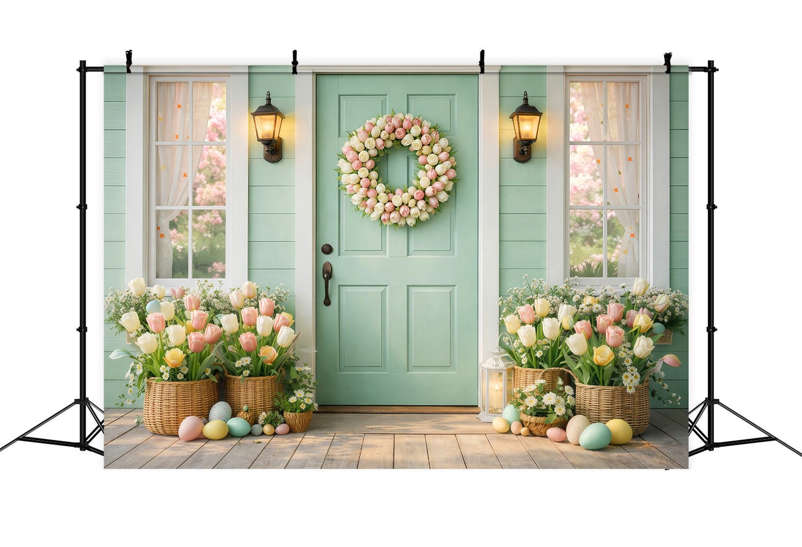 Fond de Pâques Porche Porte Menthe Couronne Tulipees LXX61-56