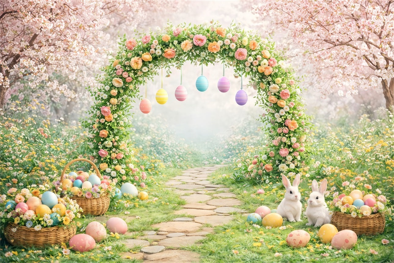 Toile de fond de Pâques Arche Jardin Fleurie Lapin Œufs LXX61-67