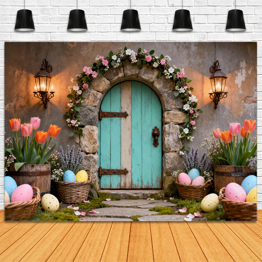 Fond de Pâques Porte Turquoise Panier Tulipees LXX61-80