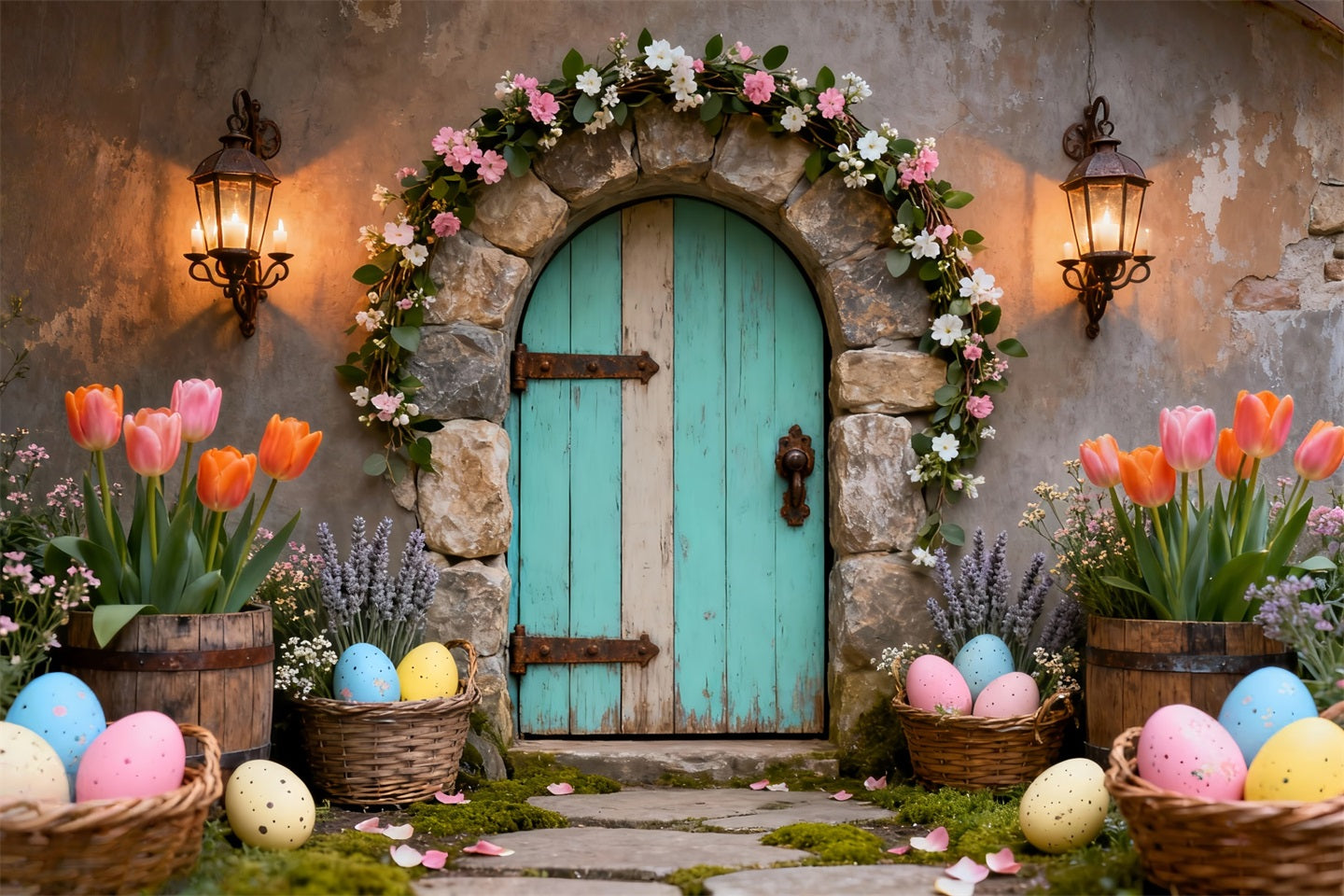 Fond de Pâques Porte Turquoise Panier Tulipees LXX61-80