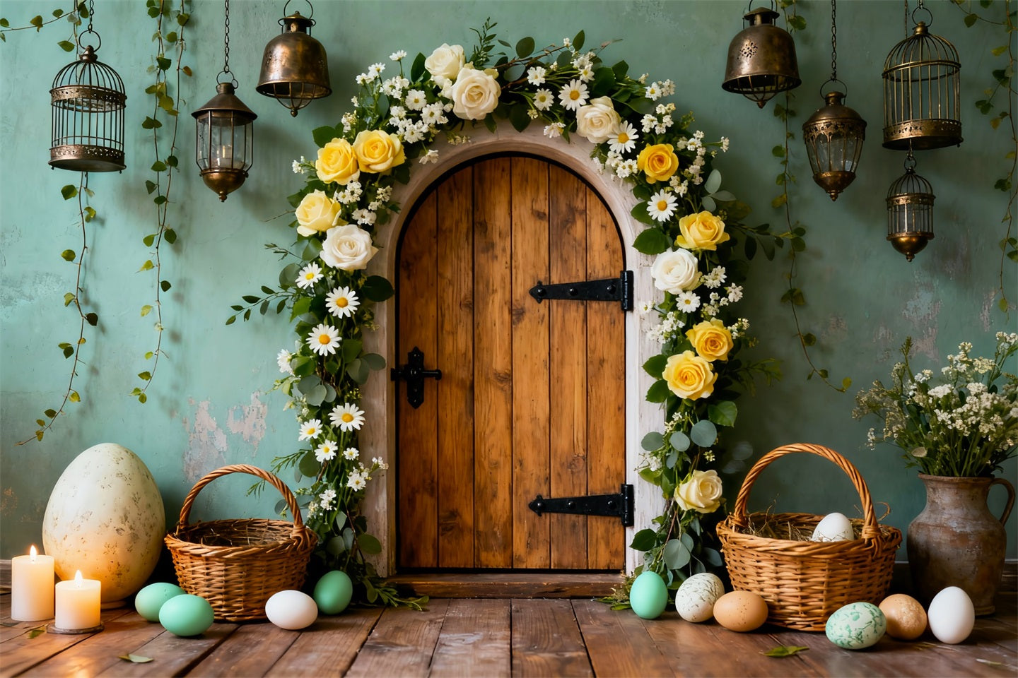 Toile de fond Pâques Arche Florale Porte Bois LXX61-82