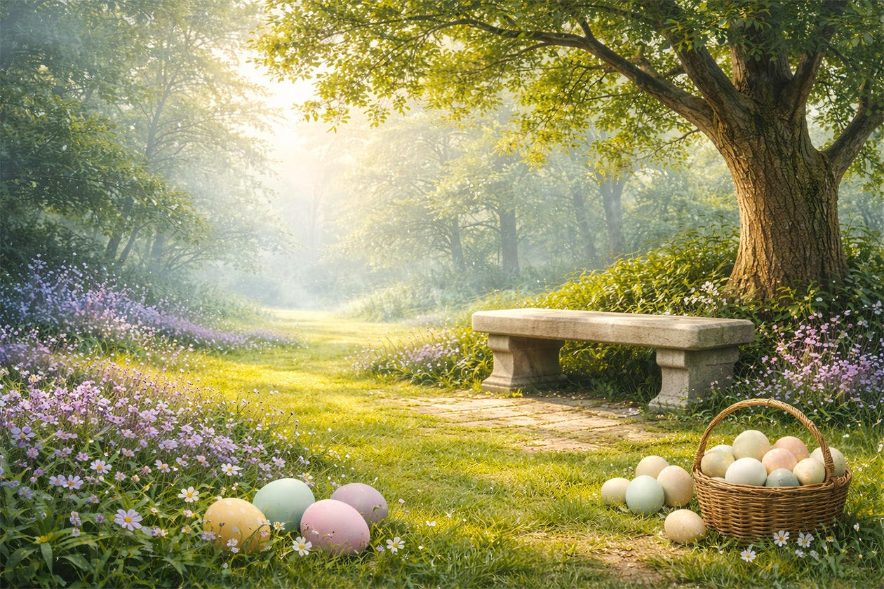 Toile de fond de Pâques Banc Prairie Forêt Baignée De Soleil LXX61-83