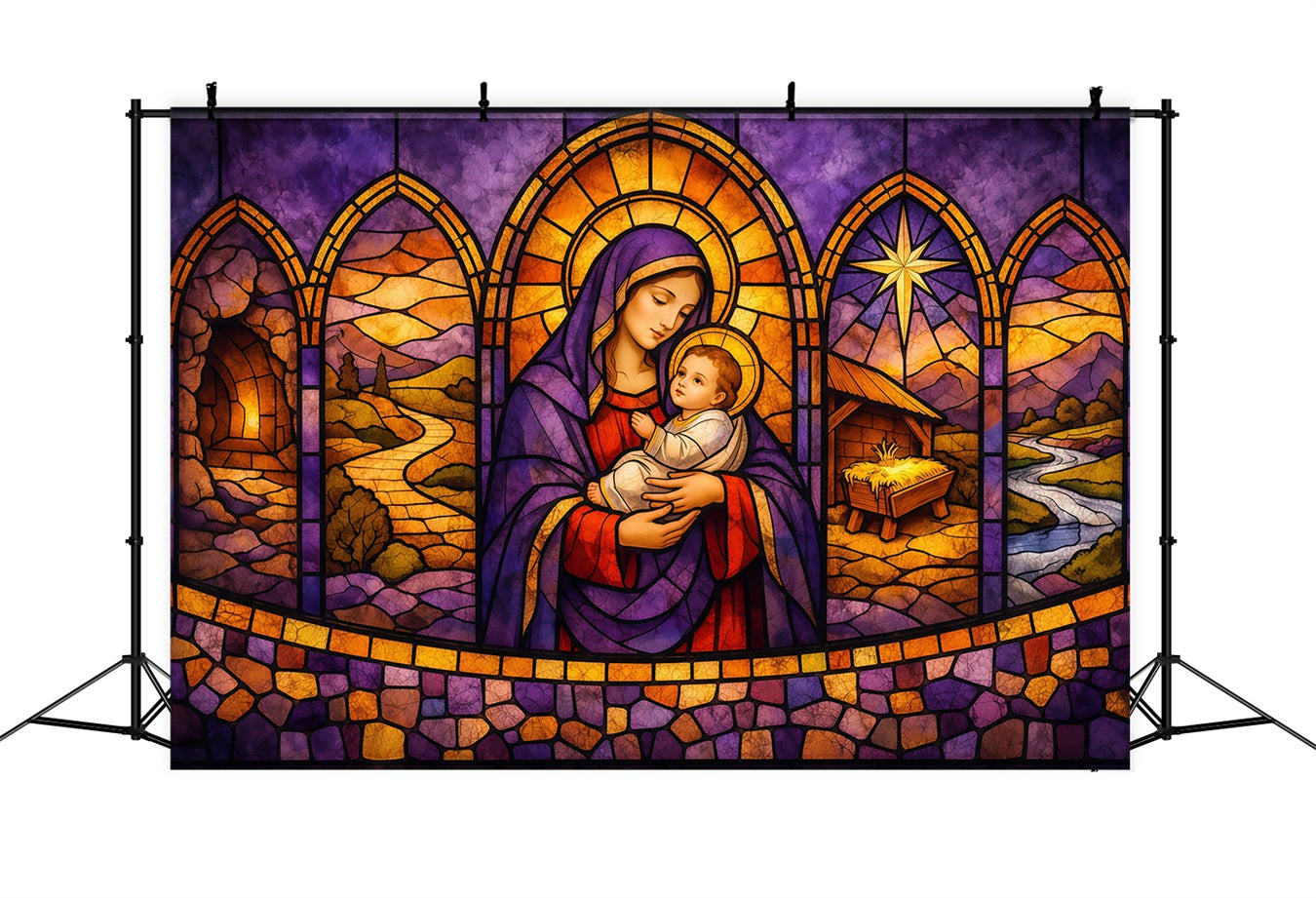 Toile de fond Studio Pâques Vitrail Nativité Sainte Mère et Enfant LXX62-34