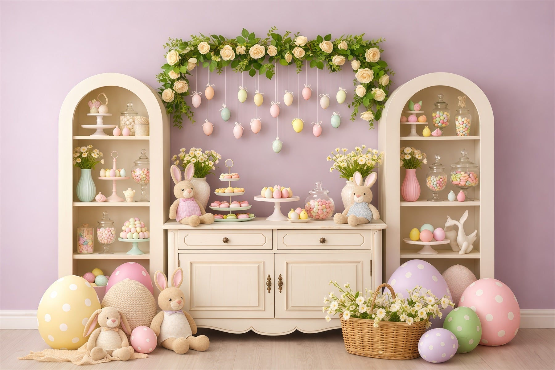 Fond Photo Pâques Présentoir Lapin Macaron Lavande LXX62-63