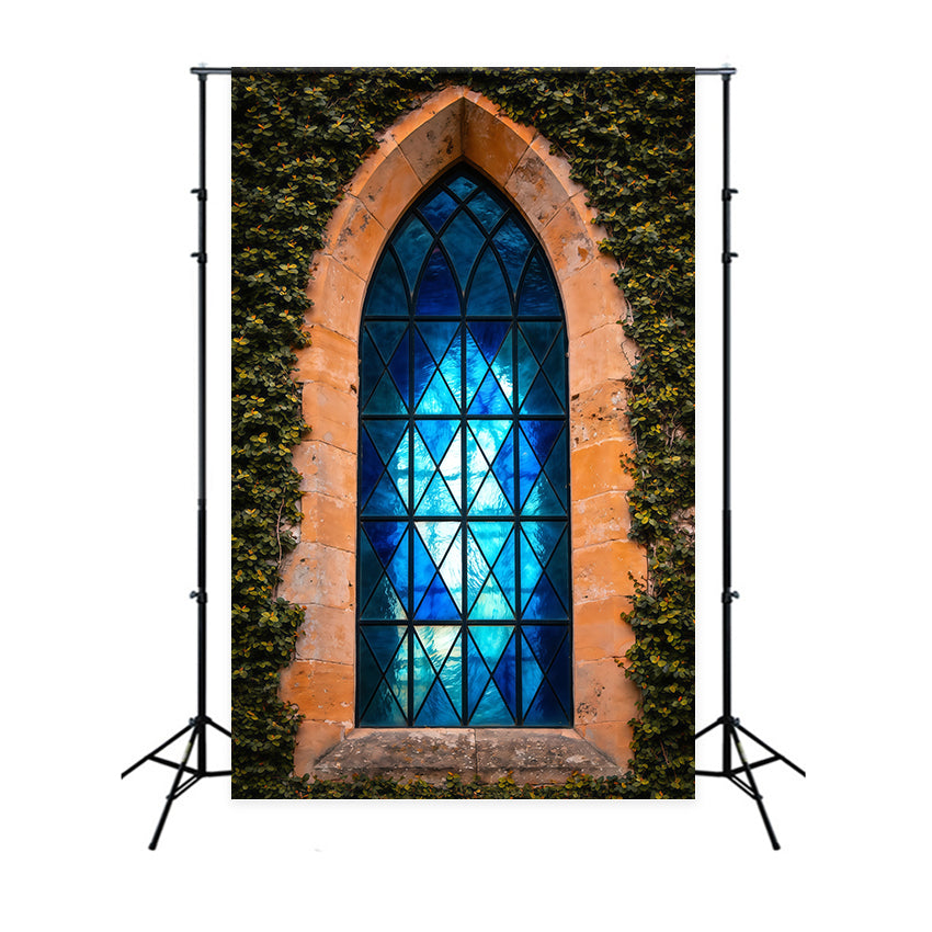 Fond Studio Pâques Fenêtre Gothique Bleue Encadrée de Lierre LXX62-66