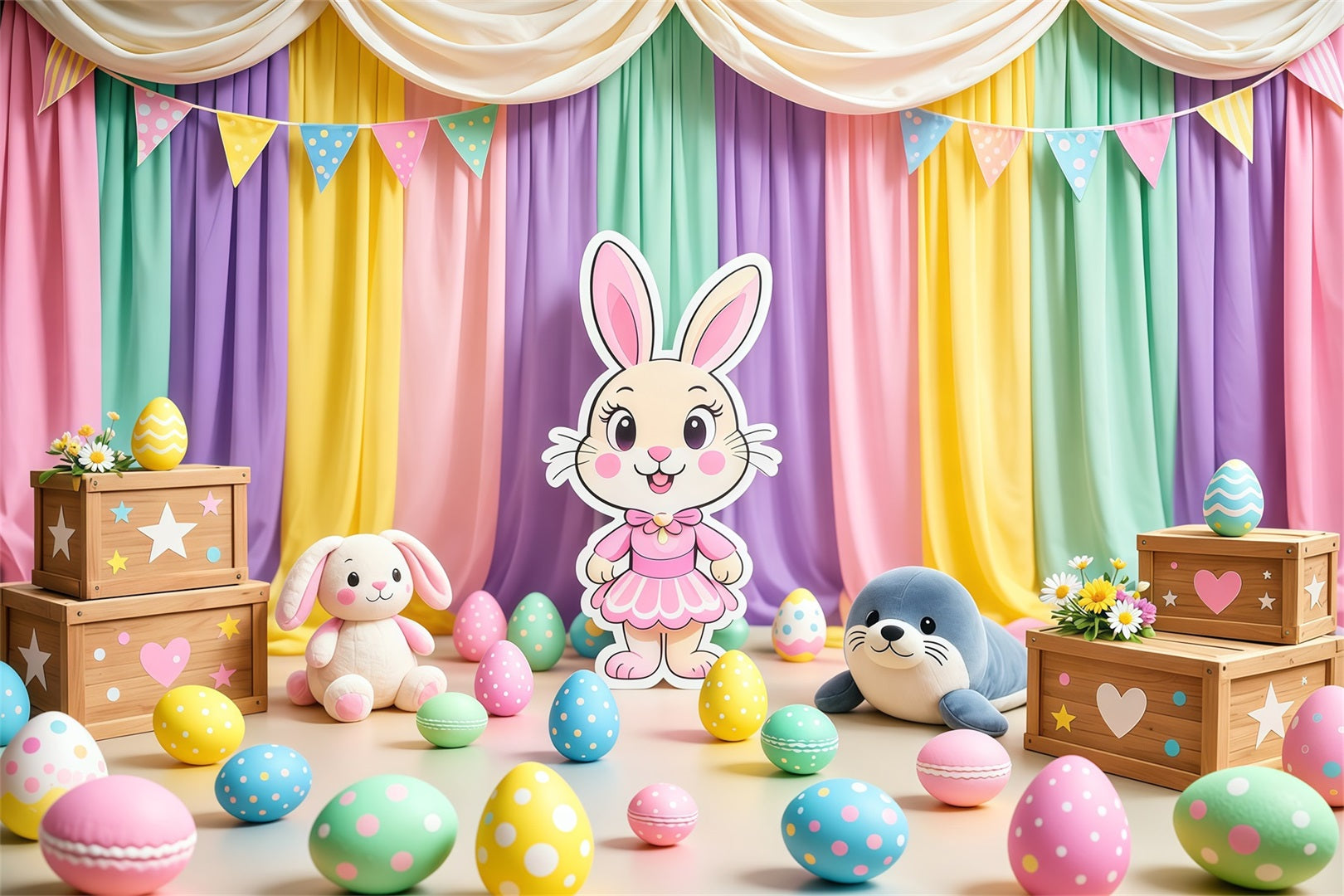 Toile de fond Pâques Scène Lapin Dessin Animé Rideau Pastel LXX62-72