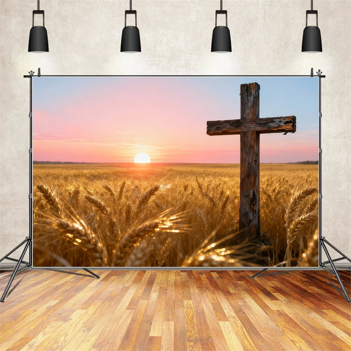 Toile de fond Photo Pâques Croix en Bois Champ de Blé Doré Coucher de Soleil LXX62-75