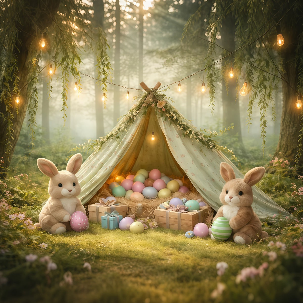 Toile de fond Photo Pâques Forêt Brumeuse Saule Œuf Tipi LXX62-90