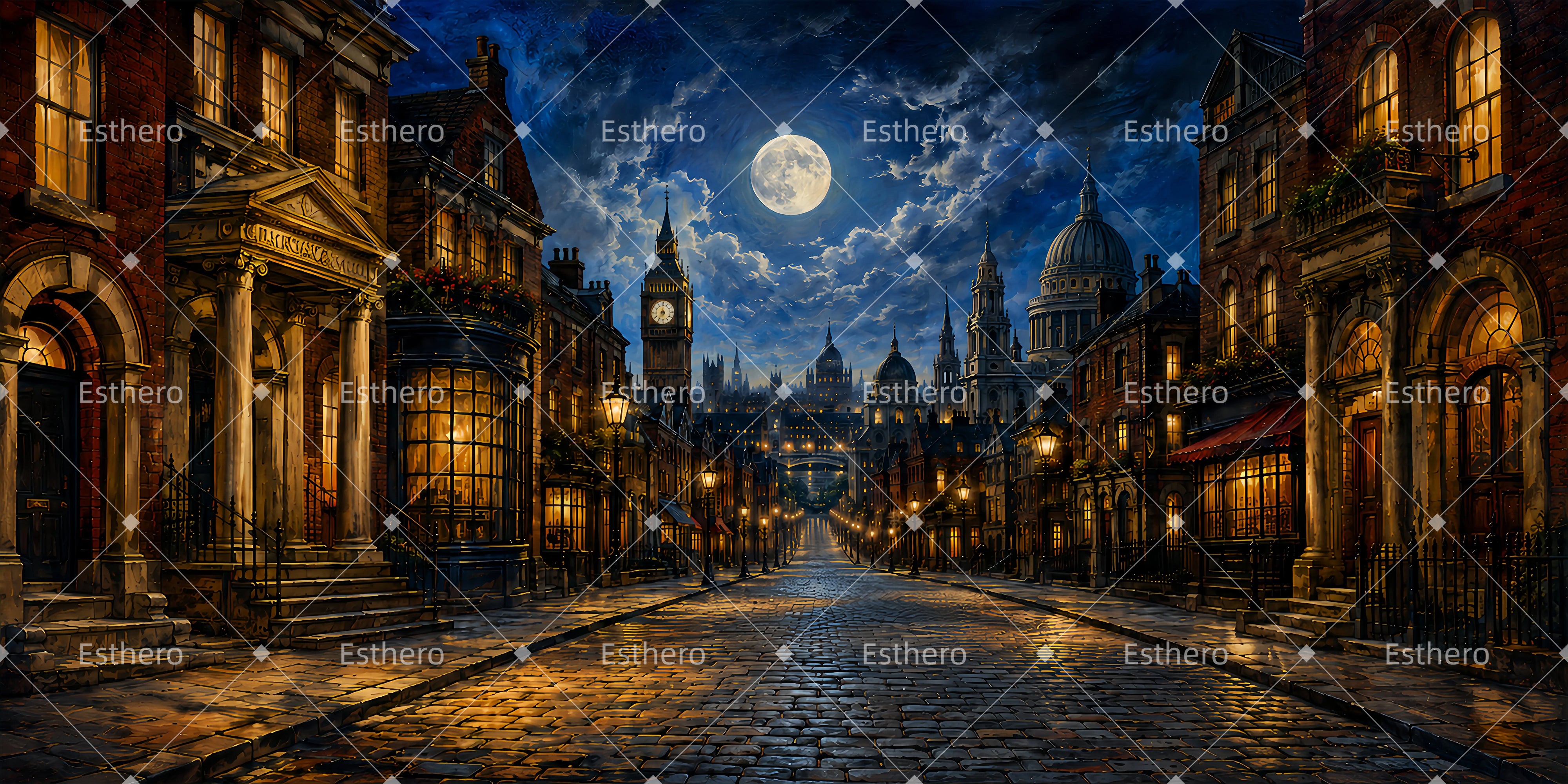 Toile de fond avenue londonienne au clair de lune décor de théâtre LXX65-T52