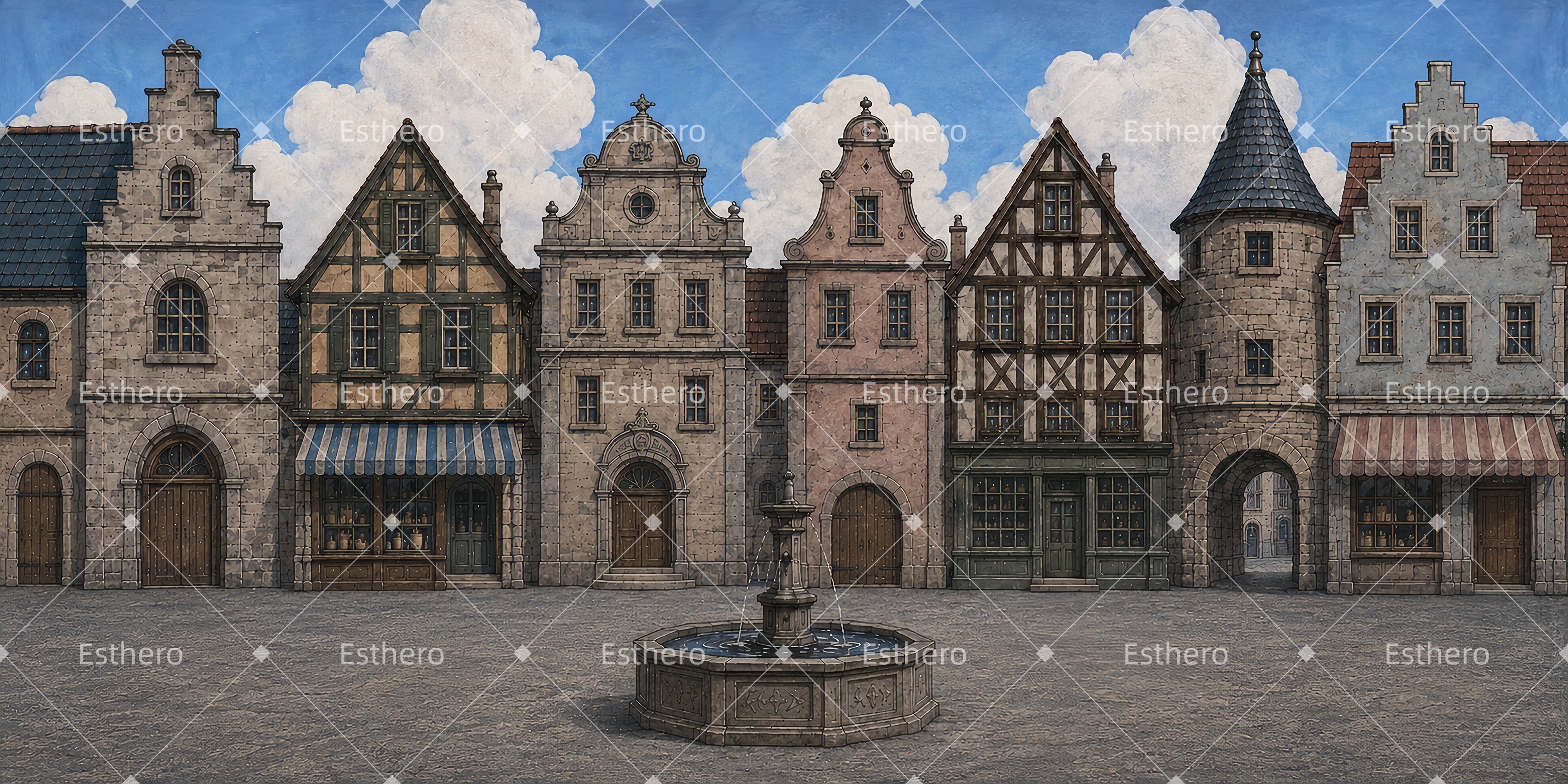 Toile de fond village médiéval fontaine décor de théâtre LXX65-T71