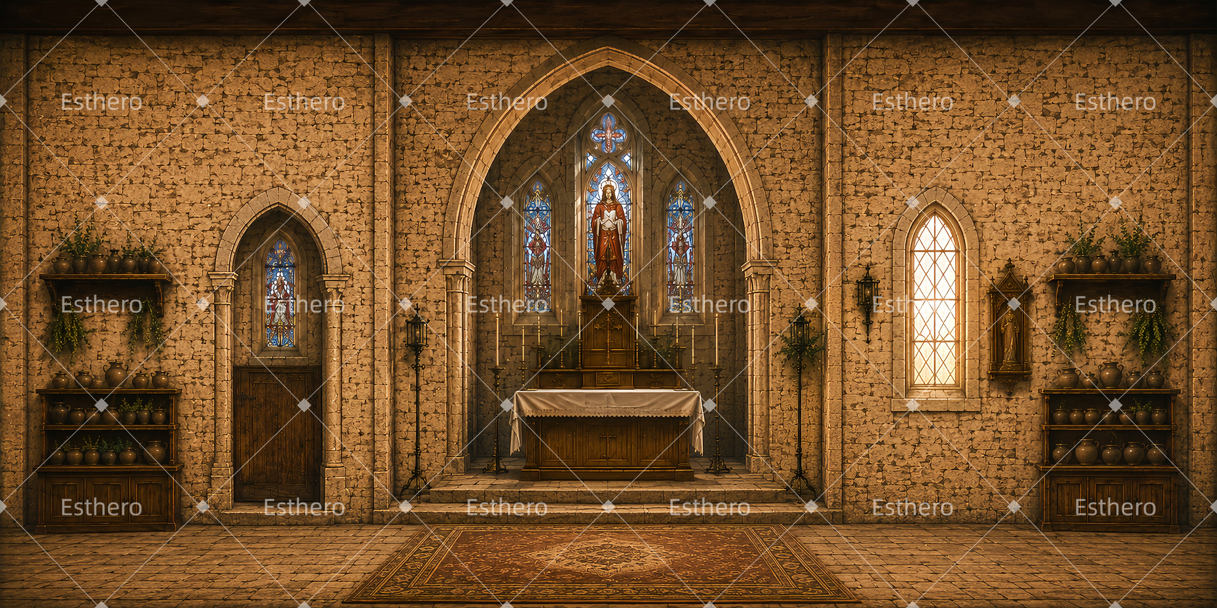 Toile de fond abbaye rustique sanctuaire décor d’église LXX65-T75