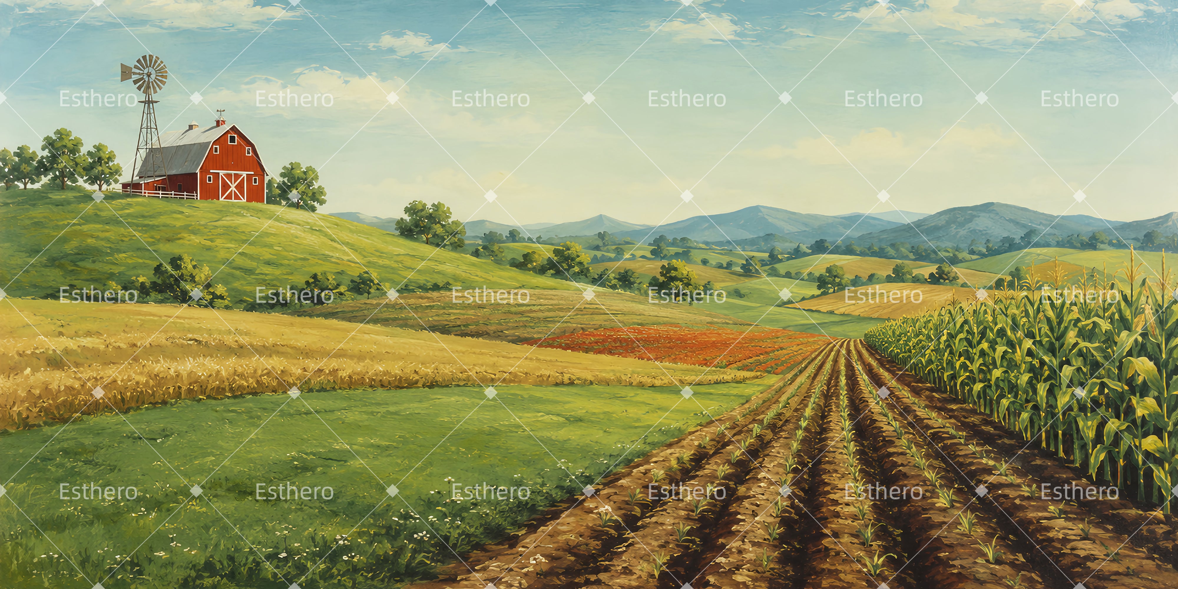 Décor théâtral de champs et ferme à la campagne LXX65-T94