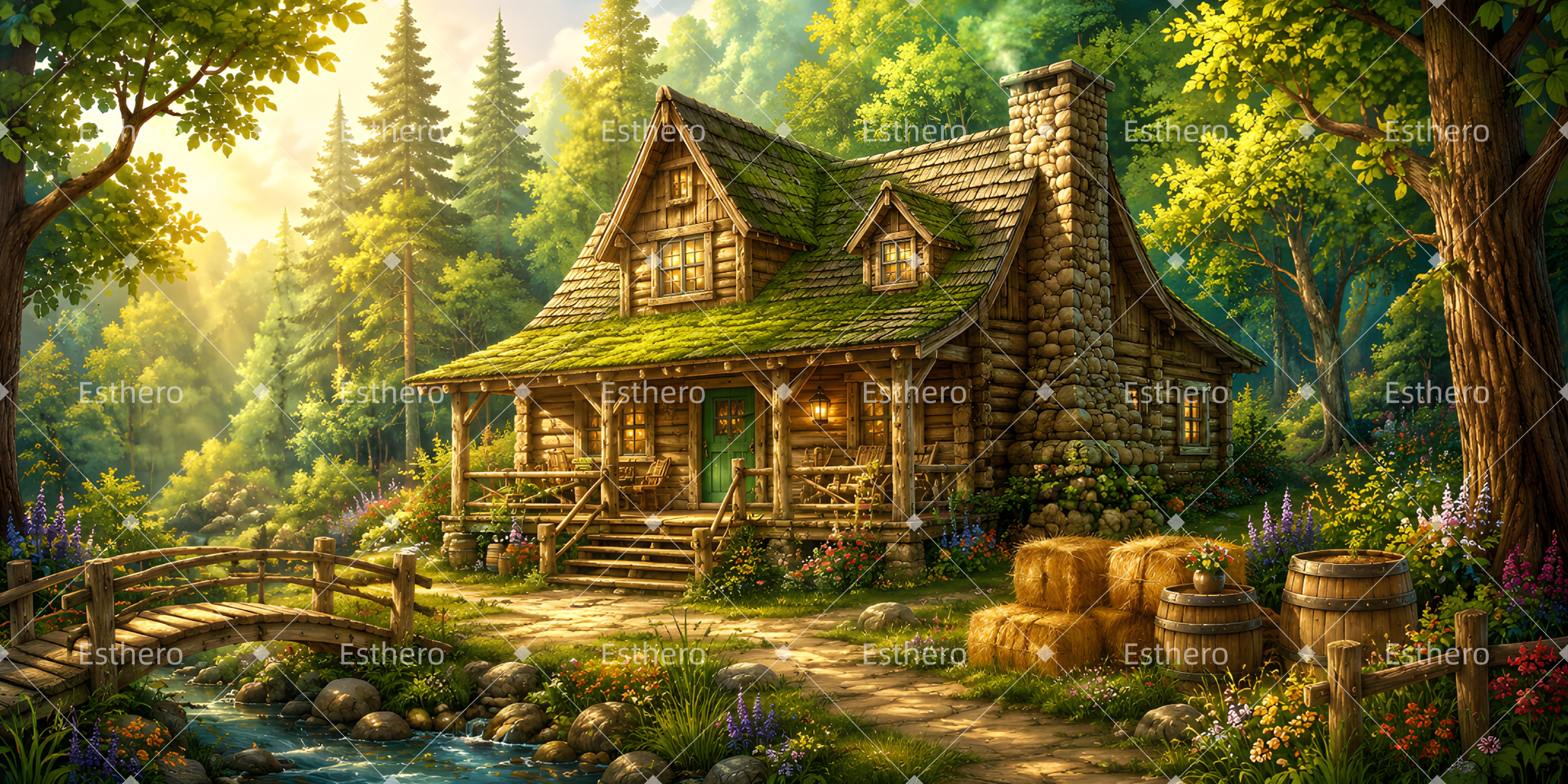 Toile de fond cabane en rondins cabane rustique en forêt VBS LXX65-T9