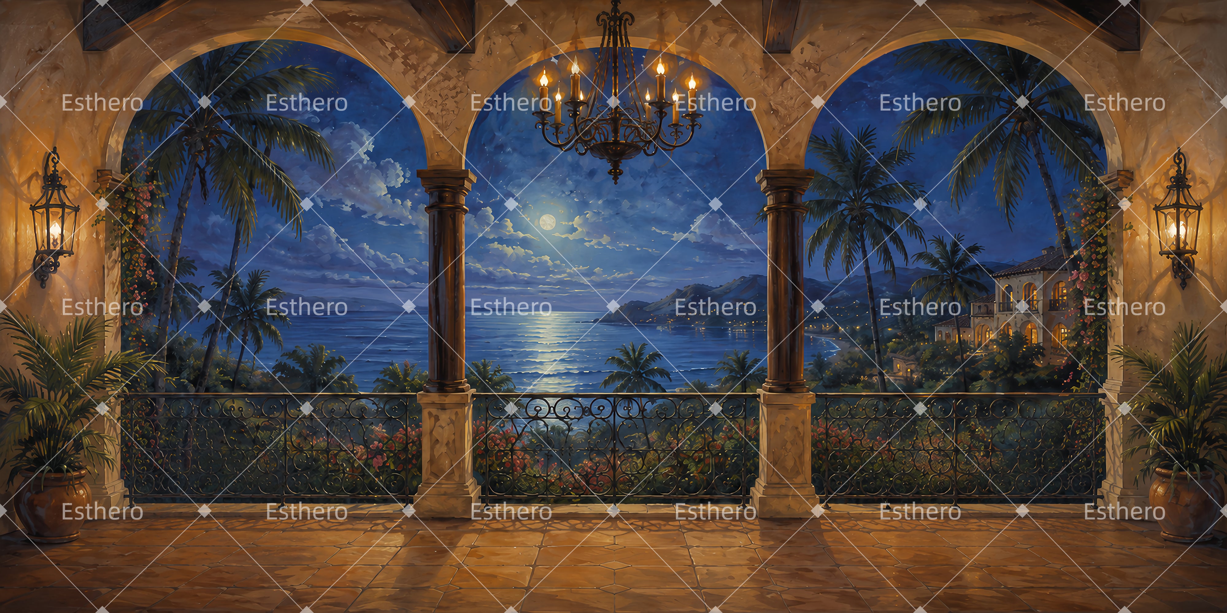 Grande Toile de Fond Terrasse Insulaire au Clair de Lune pour Danse LXX66-T19