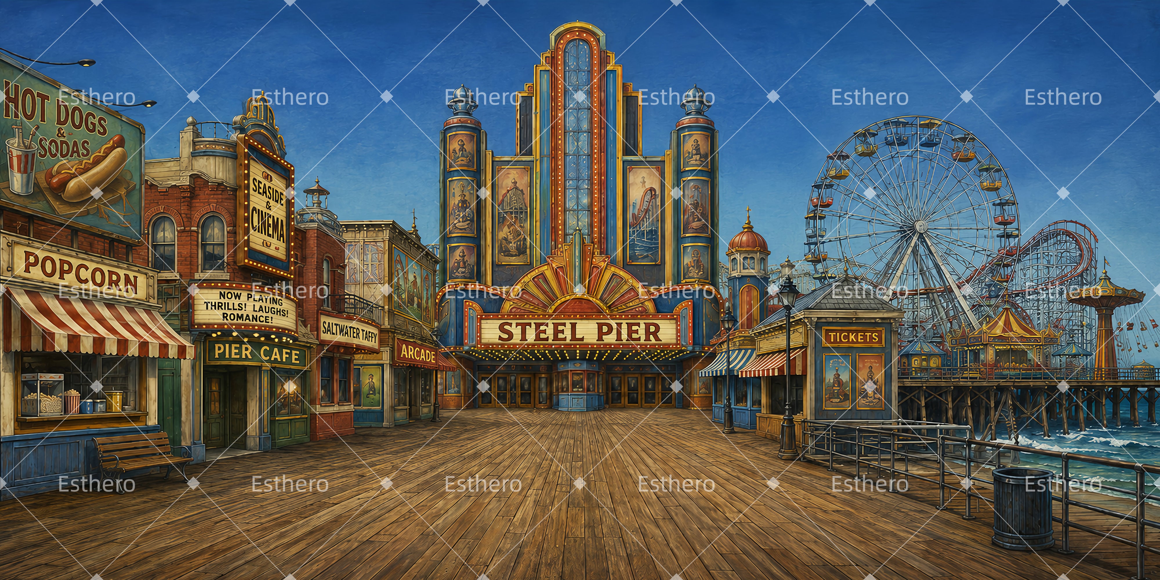 Grande Toile de Fond Jetée de Parc d’Attractions pour Spectacle Scolaire LXX66-T83