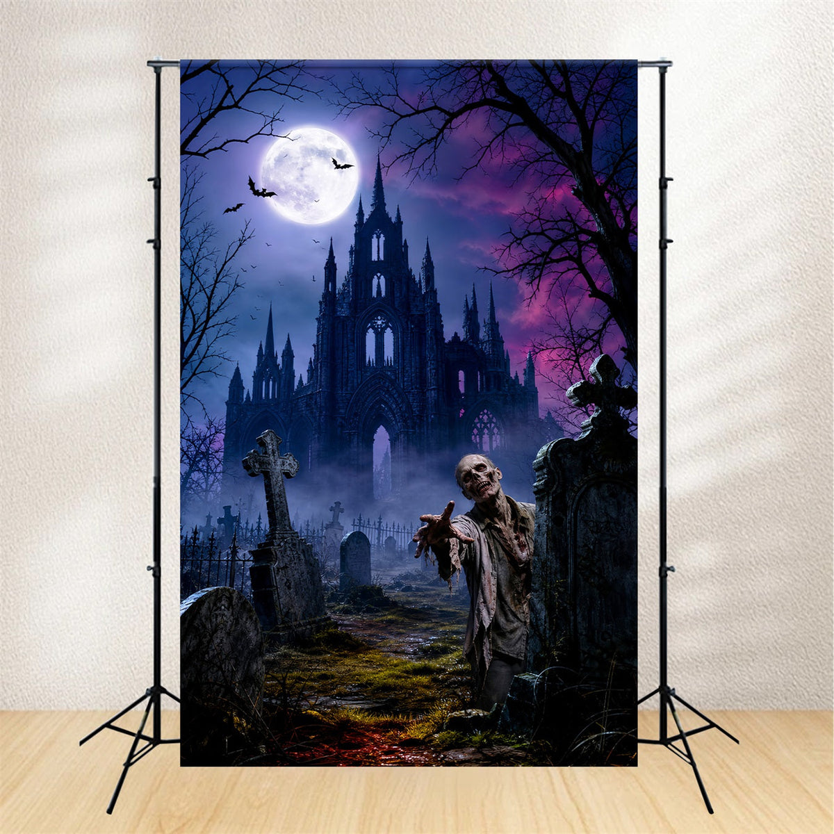 Décor De Fond Pour Fête D'HalloweenChâteau Au Clair De LuneCimetière De ZombiesHalloween LXX67-1