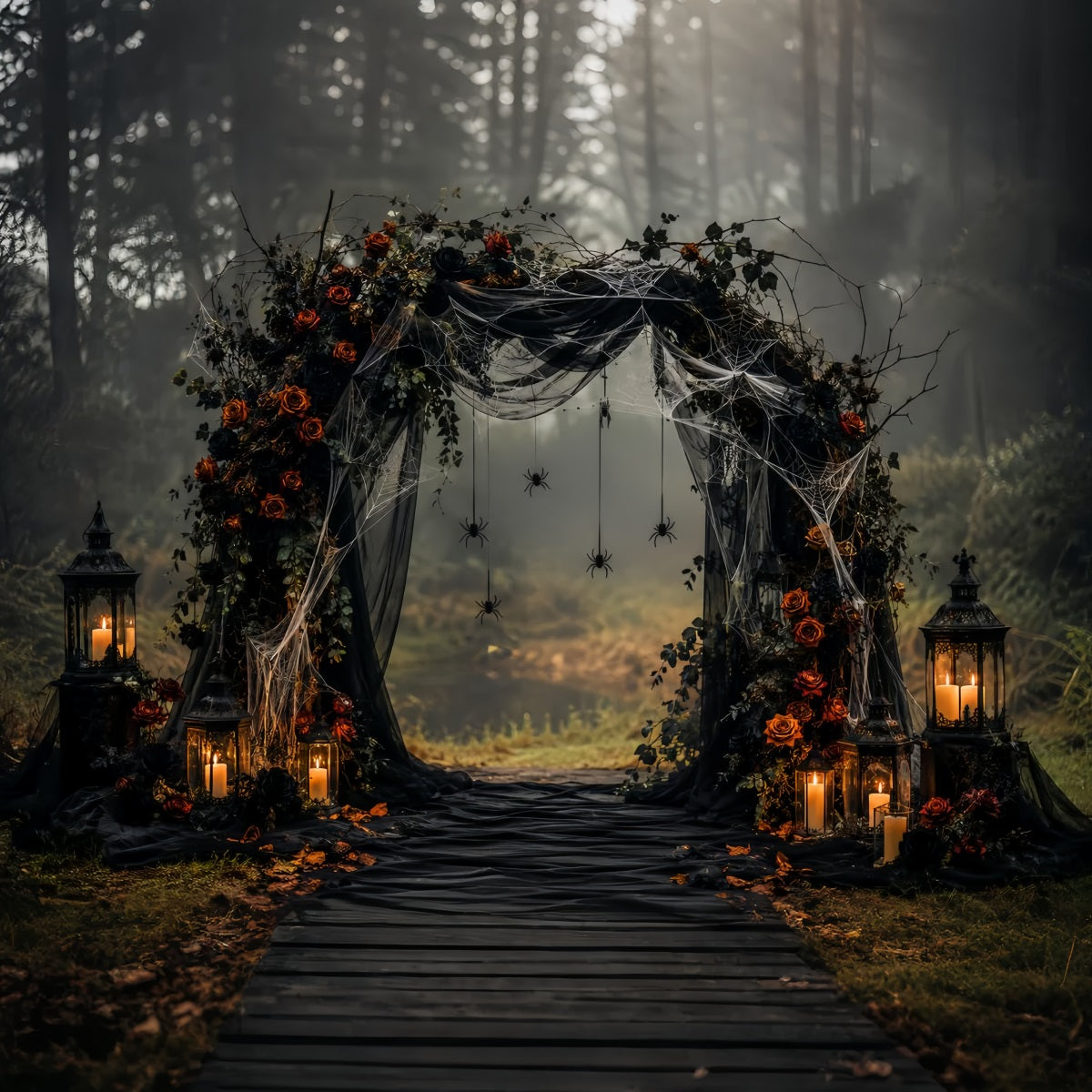 Décor De Mariage D'Halloween Arche Gothique Rose Et Araignée Fond Photo D'Halloween LXX67-110