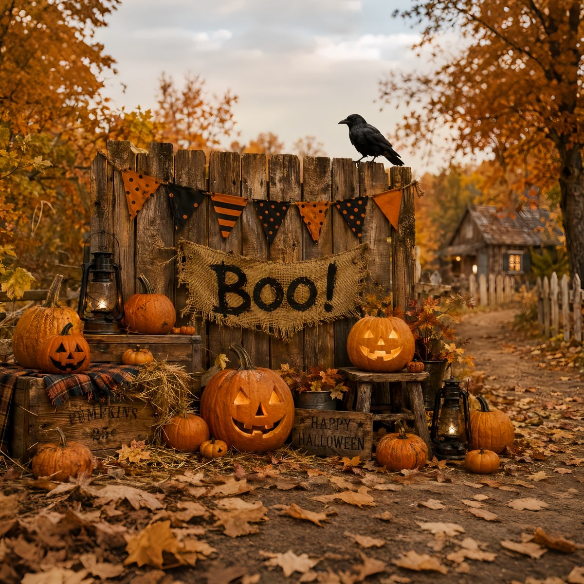 Décor D'Halloween Pour Photomaton Clôture Rustique Avec Citrouilles Et Citrouilles Décor LXX67-118