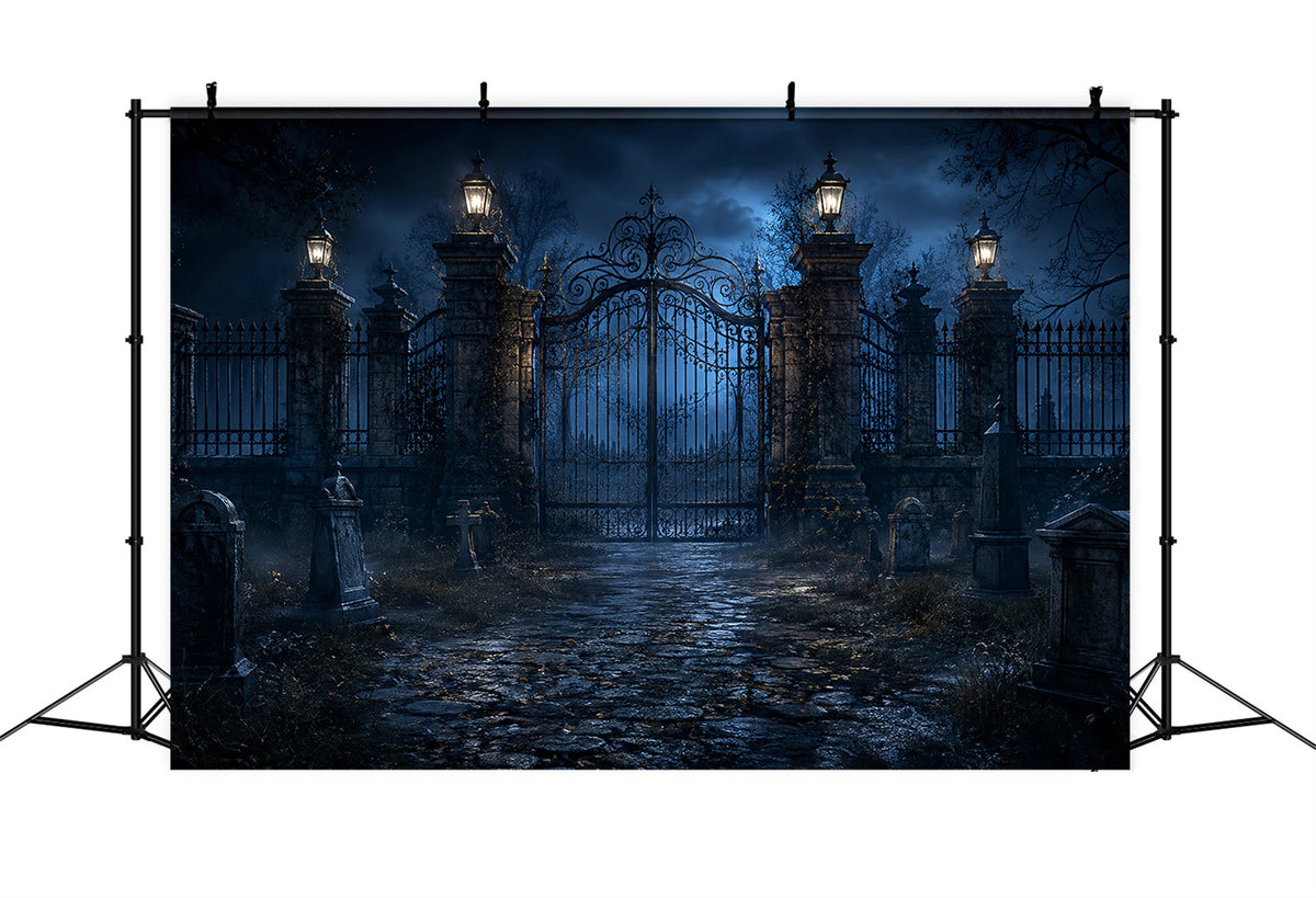 Décor Extérieur D'Halloween Pour Photos Cimetière Au Clair De Lune Avec Porte En Fer Forgé LXX67-120